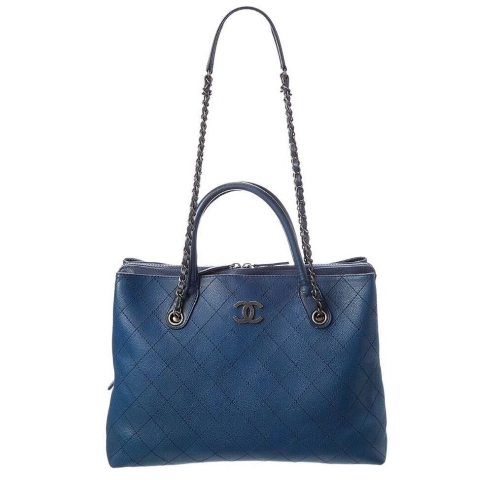 Chanel Blue Quilted Grained Vegetal Calfskin Leather Vegetal Leather Shopping